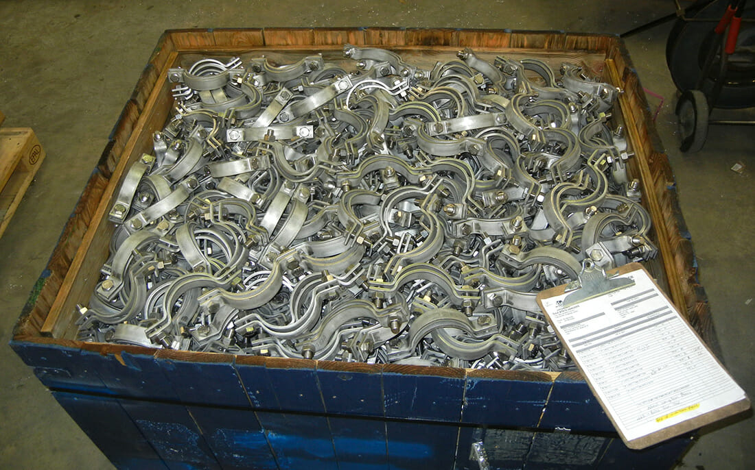 pipe hangers and supports shipping, pipe hanger, pipe support, support hardware, stainless steel hardware, stainless steel hanger, stainless steel support, clamps, brackets, pipe guides, shoes, anchors, FRP grid hangers, engineered hanger, engineered support, stainless steel hanger, industrial hanger, bridge utility hanger, bridge utility support, support attachments, concrete anchors, threaded rod, custom pipe hanger, custom pipe support, nuts, bolts, washers